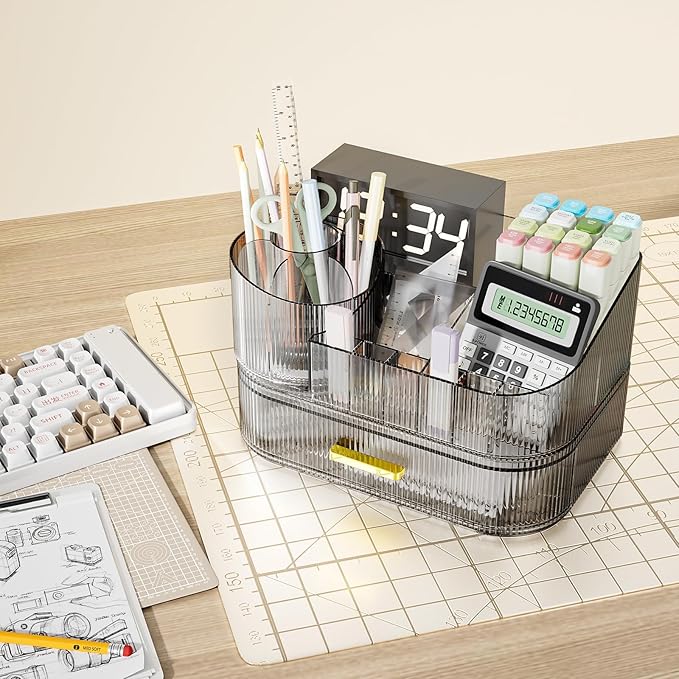 Delamu Makeup Organizer for Vanity with Stackable Drawers, 360 Rotating Makeup Brush Holder Large Cosmetic Display Case for Dresser, Bathroom Countertop Skincare Organizers and Storage, Crystal Black