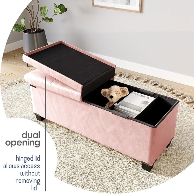 STORAGEBUD Storage Ottoman Bench with Bins, 43-in Storage Bench for Bedroom End of Bed, Folding Foot Rest Ottoman for Living Room Max 660lbs, Faux Leather Ottomans, Pink