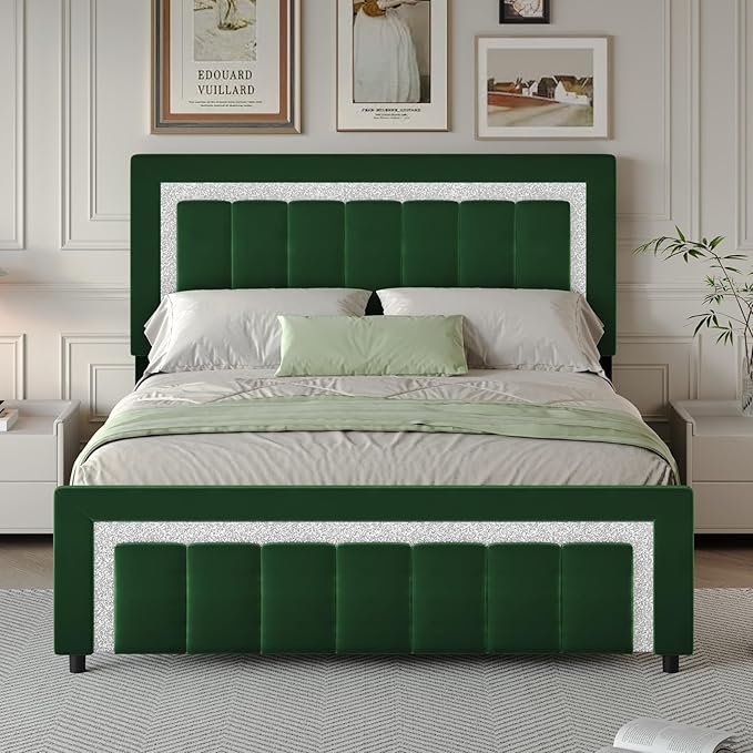 HOMBCK Full Bed Frame with Diamond Headboard and Footboard, Velvet Upholstered Bed with Wooden Slats Support, No Box Spring Needed, Easy Assembly, Green