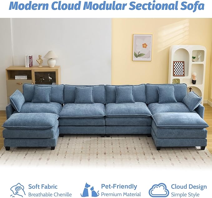 147'' Sectional Cloud Deep Seat Couch, Oversized Chenille U Shaped Sectional Sofa for Living Room Set, Comfy Upholstered Modular Sectional Sofa Couch with 2 Movable Ottoman, Blue