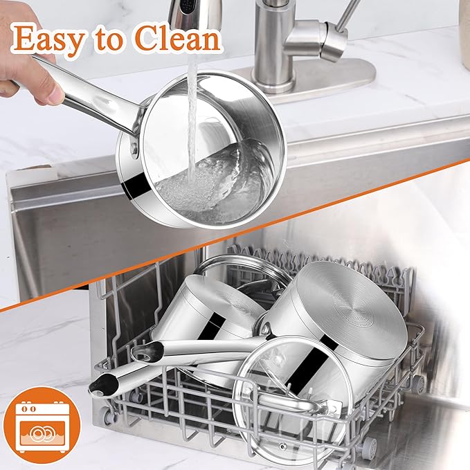 LIANYU Sauce Pan Set with Lid, 1 QT & 2 QT Stainless Steel Saucepan Pot Set, Tri-Ply Bottom Small Pot for Kitchen Cooking, Dishwasher Safe, Compatible with All Cooktops