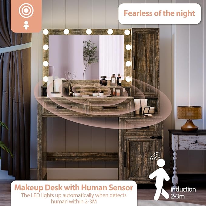 Farmhouse Makeup Vanity, Vanity Desk with Square Mirror, Tricolor Lighting Adjustment & Built-in Charging Station, Multi-Functional Wood Vanity with 2 Drawers & Open Storage Space, Brown