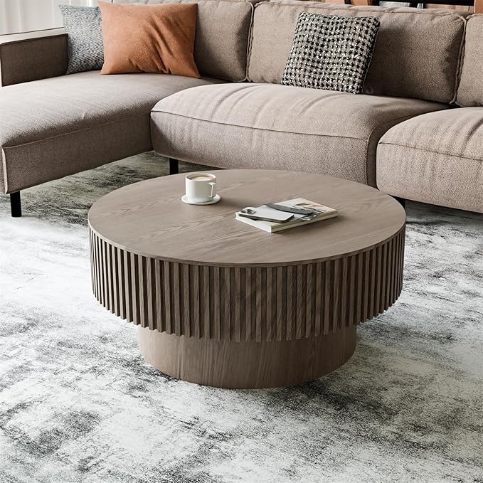 Round Coffee Table for Living Room, Accent Fluted Drum Coffee Table with Storage, Modern Solid Wood Veneered Circle Center Tea Table for Small Space Apartment (31.5''D×14''H-Grey)