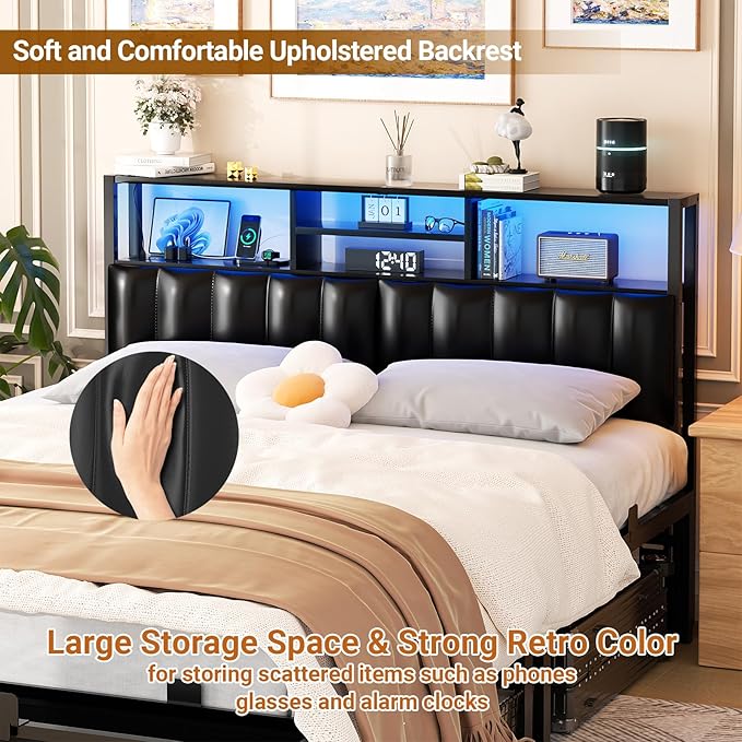 Aheaplus Headboard for Queen Size Bed with Storage, Upholstered Headboards with Outlets, USB Ports and LED Light, Reversible Queen Size Head Board, Height Adjustable, Comfortable Headboard, Black