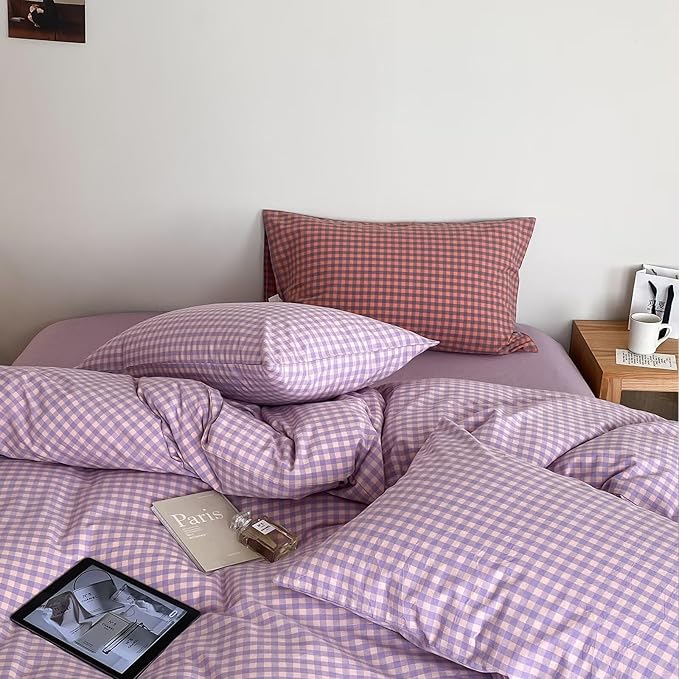 mixinni Purple Gingham Comforter Set King, Plaid Comforter Set 3 Pieces 1 Purple Grid Comfoter with 2 Pillow Cases for All Seasons, Soft Fluffy Modern Grid Pattern Printed Bedding-King Size