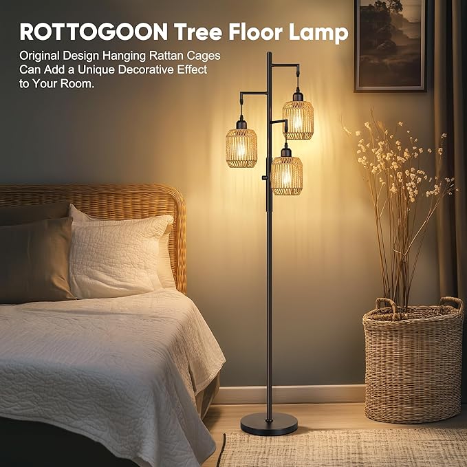 ROTTOGOON Dimmable Boho Floor Lamp - 3 Light Farmhouse Rattan Floor Lamp for Living Room, Industrial Tree Floor Lamps with 3 X 6W LED Bulbs, Rustic Standing Tall Lamp for Bedroom, Office, 68", Black