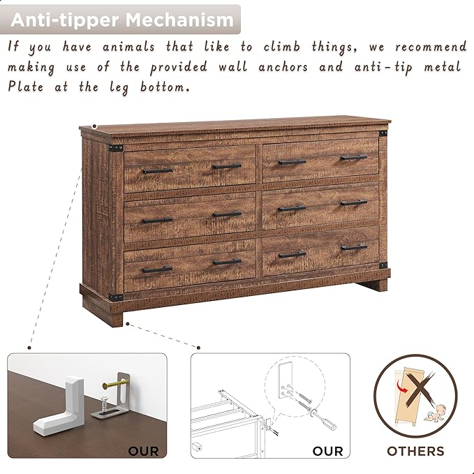 RedLemon Farmhouse 6 Drawers Dresser for Bedroom, Wood Large Chest of Drawers with Thick Plank Styling for Bedroom, Living Room, Reclaimed Barnwood