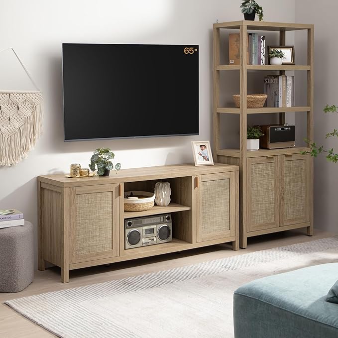 SICOTAS Rattan TV Stand for Living Room - 26" Tall TV Console Cabinet with Storage and Adjustable Shelf, Boho Entertainment Center, 59" Media Console for 50, 55, 65 Inch TV, Light Oak