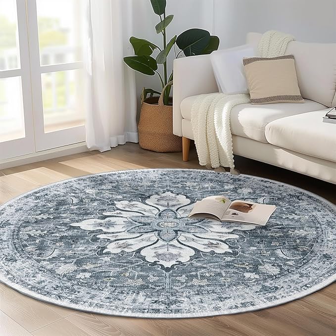 Area Rugs 8ft Washable Non-Slip, Floral Vintage Distress Print Pattern Medallion Carpet for Living Room Bedroom Dining Room, Light Gray Grey White