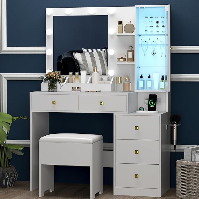 Vanity Desk with Mirror and Lights,Makeup Table with Charging Station & RGB Storage Cabinet,Large Drawer & Storage Shelves,5 Drawer,Bedroom Dressing Table, White