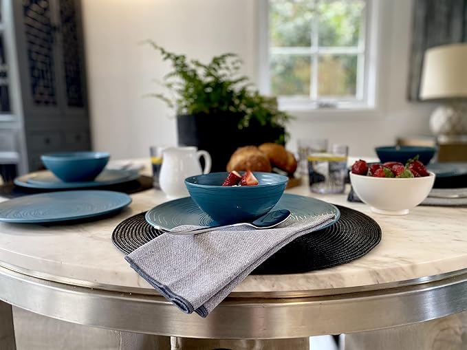 Bzyoo 12 Piece Melamine Dinnerware Set - Durable, Dishwasher Safe Plates and Bowls - Casual Dining, Parties, Blue Dish Set Organica Blue Collection