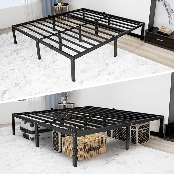 16 inch High Mental King Size Bed Frame with Headboard Hole,3900LBS King Size Platform Bed Frame with Storage Space Under Bed,No Box Spring Needed,Easy Assembly