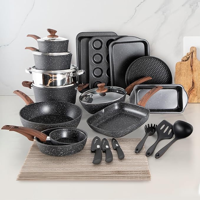 30 Piece Pots and Pans Set Non Stick, Granite Induction Cookware Sets, Nonstick Kitchen Cookware Sets, Non Toxic Cookware Set with Frying Pans and Saucepan, Kitchen Pots and Pans Set, Black