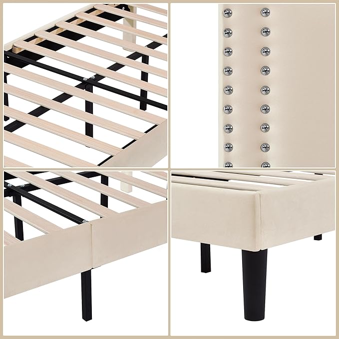 VECELO Twin Size Bed Frame with Height Adjustable Headboard, Strong Wood Slat Platform, No Box Spring Needed, Easy Assembly