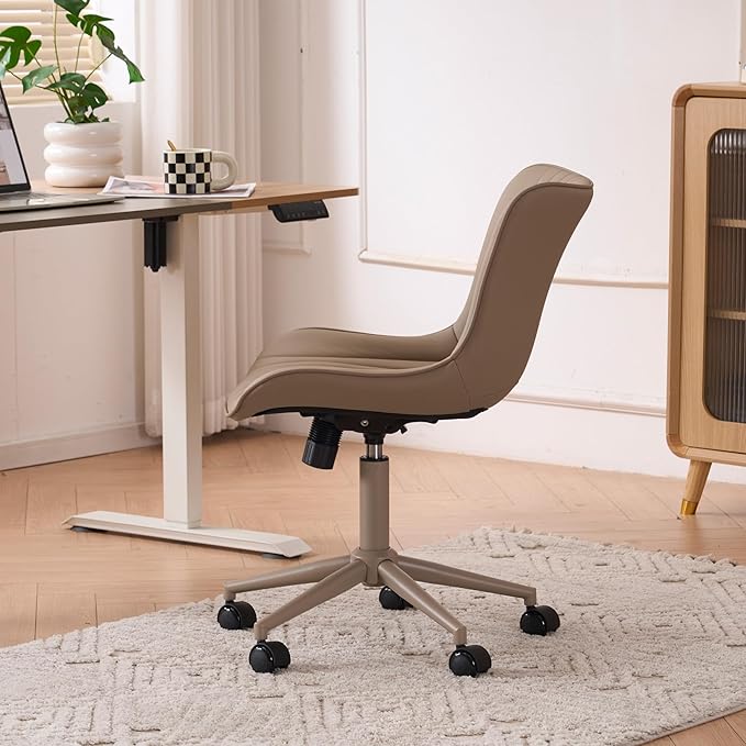 YOUTASTE All Khaki Office Chair, Modern Armless Desk Chair with Back, Adjustable Swivel Rolling Faux Leather Task Chair with Wheels Metal Base for Home Office, Study, or Vanity