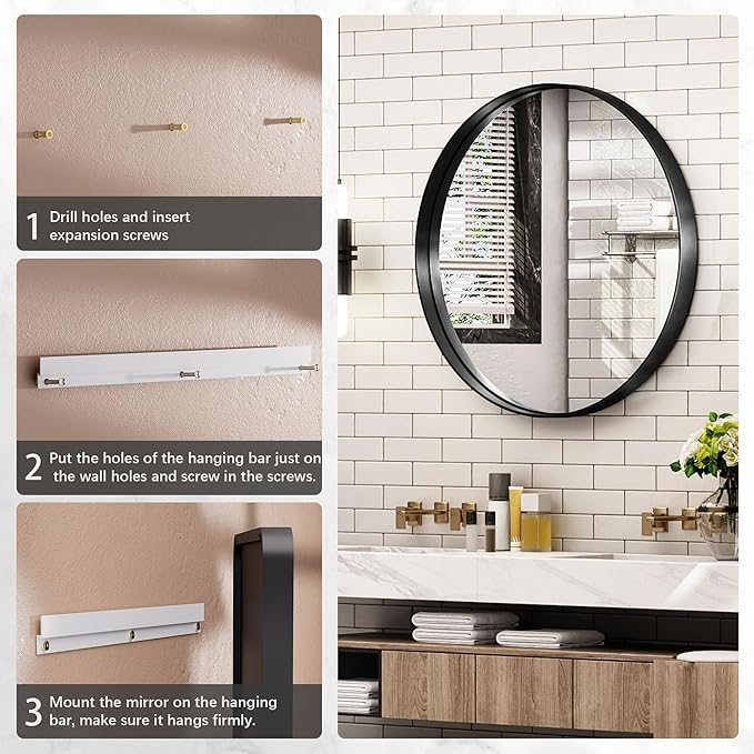 Hasipu Round Black Mirror 32 Inch Round Bathroom Mirror Metal Frame, Wall Mounted Circle Vanity Mirror Modern Decor (Horizontal/Vertical)