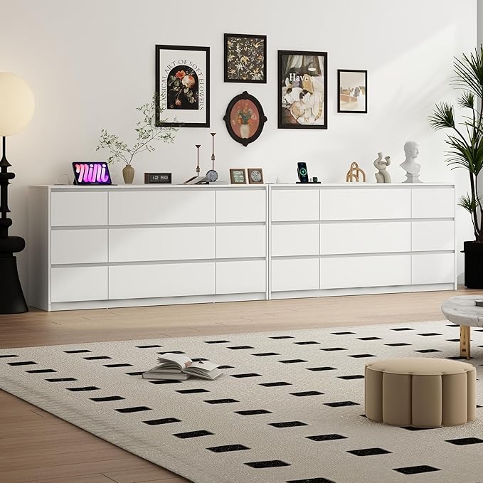 White Malm Dresser for Bedroom, 63 Inch Long 9 Drawers Dresser with Charging Station, Modern Large Wood Chest of Drawers Handle Free for Bedroom, Living Room, Entryway, Hallway, White