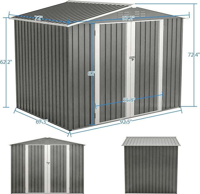 8 x 6 FT Outdoor Storage Metal Shed, Bike Garden Tool Shed with Slooping Roof, Lockable Doors and Aluminum Frames, Shed Easy to Assemble for Garden, Patio, Lawn, Grey