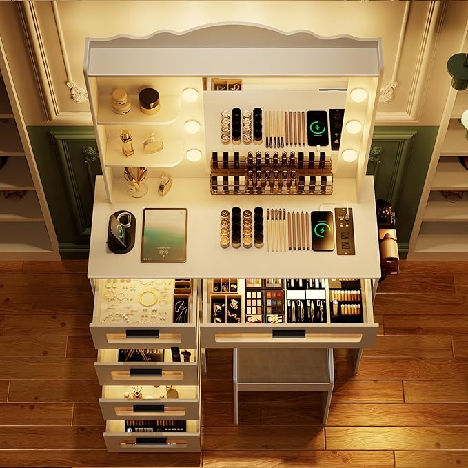 HWB Makeup Vanity Desk with Mirror and Lights,Vanity Table with 5 Drawers&2 Shelves,Vanity Set for Bedroom,Dressing Table with 10 Light Bulbs,Desk Vanity with USB Port&Human Sensor Design,White