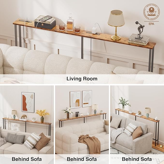 78" Narrow Console Sofa Table - 2 Power Outlets & 4 USB Ports, Metal Frame, Rustic Brown, Perfect for Hallway, Office, and Behind Sofa - Easy Assembly, 4.9' Extension Cord Included