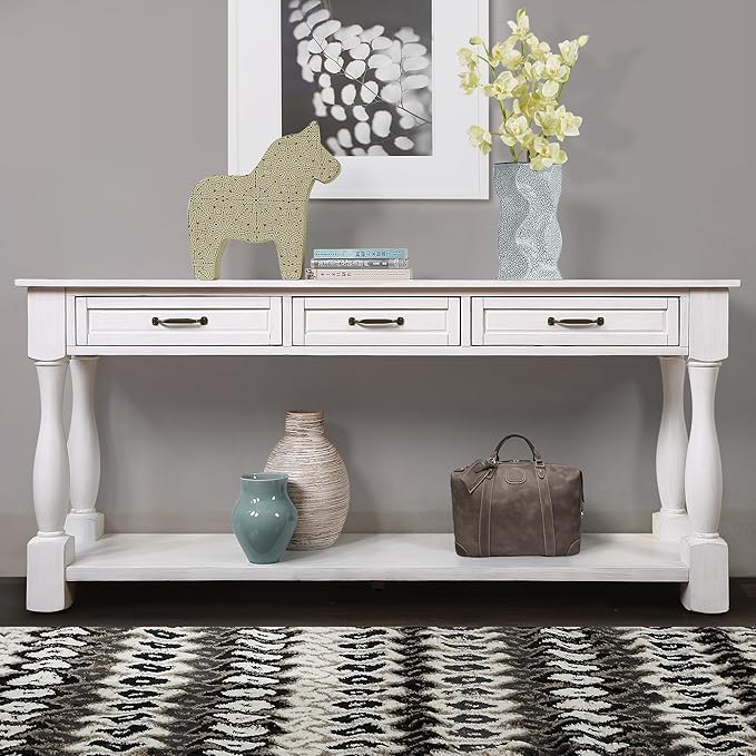 63inch Solid Wood Console Table with 3 Drawers and 1 Bottom Shelf Extra-Thick Sofa Table(Antique White)
