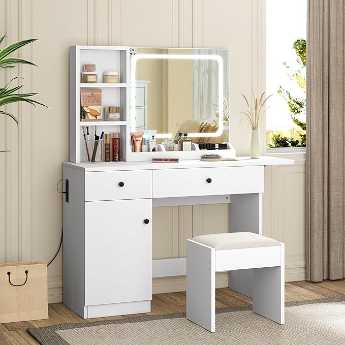 GarveeHome Makeup Vanity Desk with Mirror and Lights, Vanity Table Set with Drawer & Power Outlet & Chair & 3 Shelves, Bedroom, White