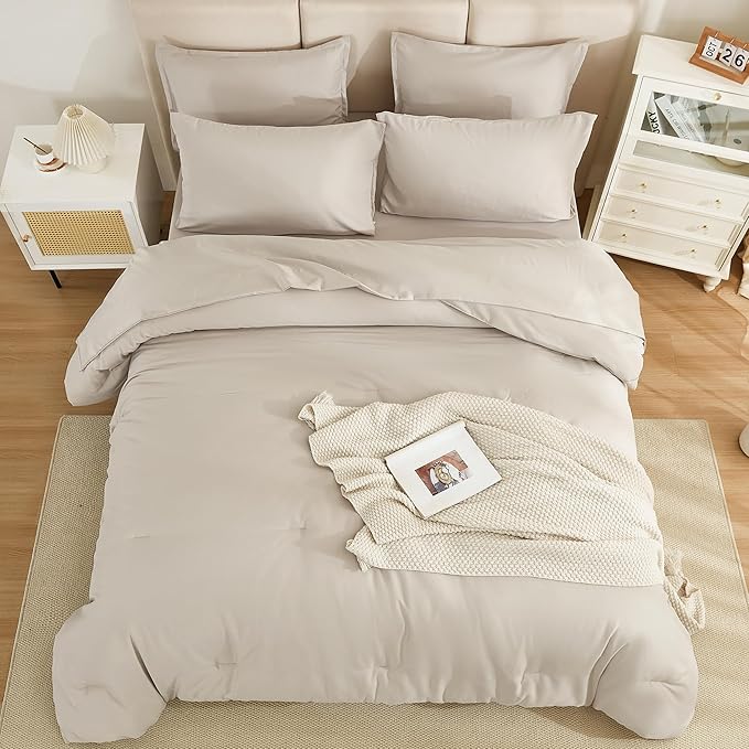 Litanika Comforter King Size Set Tannish Grey - 7 Pieces Bed in a Bag King Bedding Comforter Sets, Plain Lightweight Bed Set with Comforter, Sheets, Pillowcases & Shams