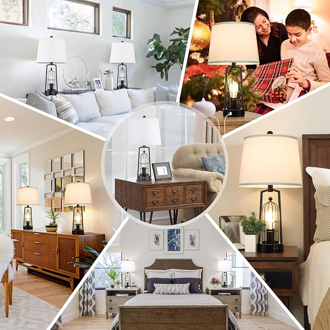 Farmhouse Table Lamps with 2 USB Ports, Set of 2 Rustic Industrial Desk Lamp for Living Room, 2-Light Black Bedside Lamp, Bedroom Nightstand Lamp with White Lampshade for House Decor, Reading