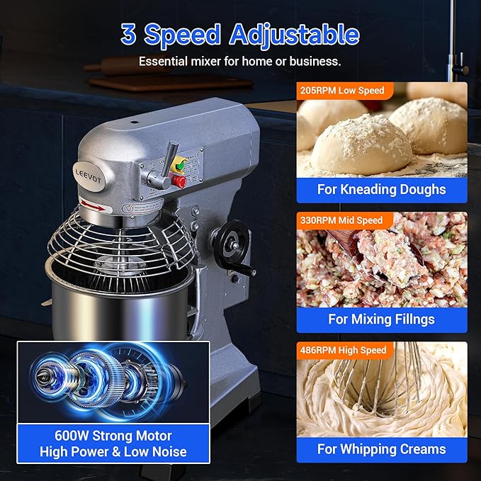 15Qt Commercial Food Mixer with Timing Function, 600W Commercial mixer 3-Speed Adjustable Heavy Duty, Electric Stand Food Mixer with Stainless Steel Bowl for Bakery Pizzeria. (Standard)
