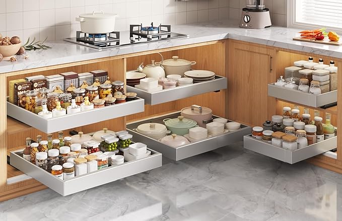 4 Pack Pull Out Cabinet Organizers 21" Deep With Raising Pad for Framed Cabinets, Expandable Slide Out Drawers with 4pcs Divider Racks, Roll Out Shelves, Adjustable Width 12"-20.45" Silver