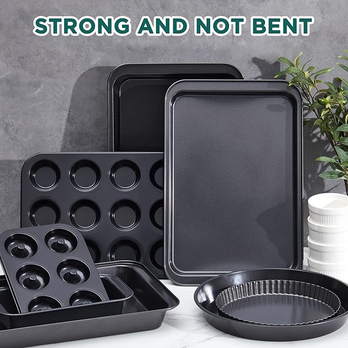 Remerry 12 Pieces Bakeware Set, Nonstick Baking Pans Set, Carbon Steel Oven Safe Nonstick Baking Pans Sets with Cake, Muffin Pan, Cookie, Pie, Tart, Quiche, Loaf Pan for Kitchen Bake Supplies