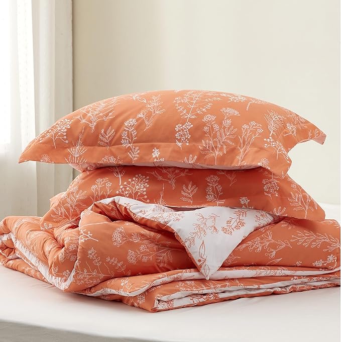Bedsure Twin/Twin XL Comforter Set - Coral Orange Bed Set, 2 Pieces Cute Floral Bedding, 1 Soft Reversible Botanical Flowers Comforter and 1 Pillow Sham