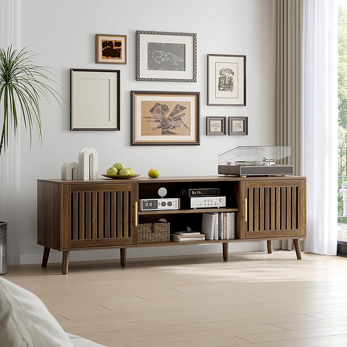 63" TV Stand, Mid-Century Modern Media Console with 2 Louvered Doors, Adjustable Shelves, Entertainment Center with Golden Handles for Living Room, Bedroom, Walnut