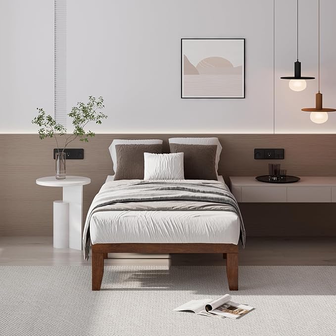 Giantex 14 Inch Twin Wood Platform Bed Frame, Minimalist Style Mattress Foundation with Solid Rubber Wood, Heavy Duty Slat Support, Without Headboard, Easy Assembly, No Box Spring Needed,Walnut