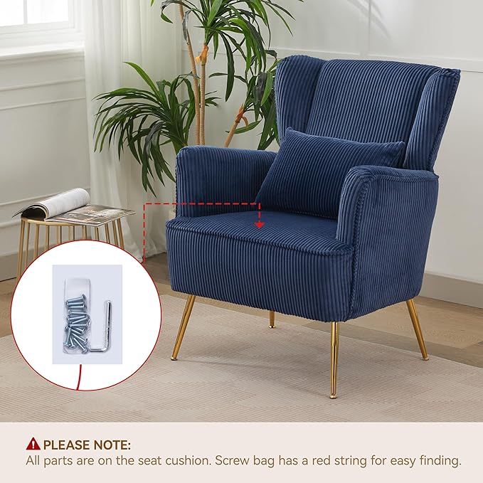 Corduroy Accent Living Room Arm Chair with Pillow & Golden Legs, 8.5" Thick Cushion, Mid Century Modern Wingback Chairs Upholstered Comfy Sofa Armchair for Reading Room/Bedroom, Blue