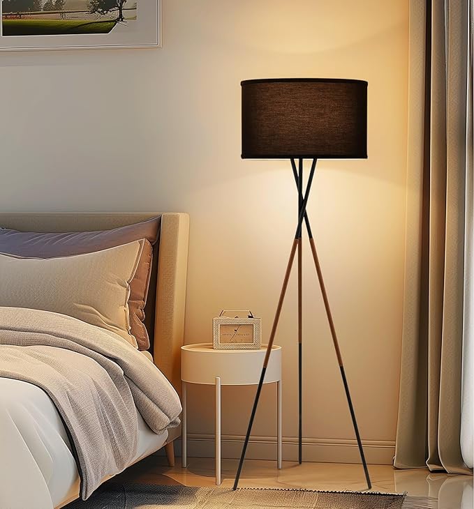 Kira Home Sadie 61" Mid Century Modern Tripod LED Floor Lamp + 9W Bulb (Energy Efficient/Eco-Friendly), Leather Accent Legs, Black Drum Shade, Black Finish