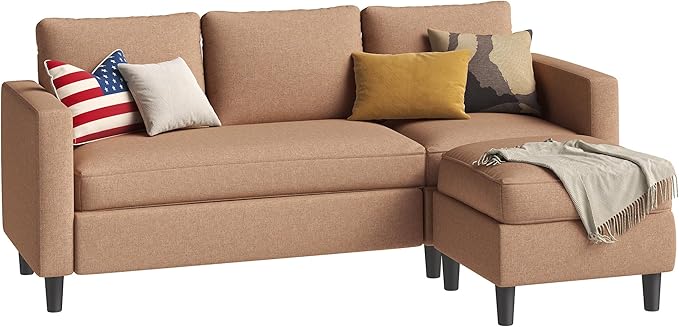 Shintenchi Small Sectional Couch Sofas, 3 Seat L Shape Sofa with Ottoman, Fabric Upholstered Convertible Sofa Couches, Small Couch for Apartments, Living Room and Office (Brown)