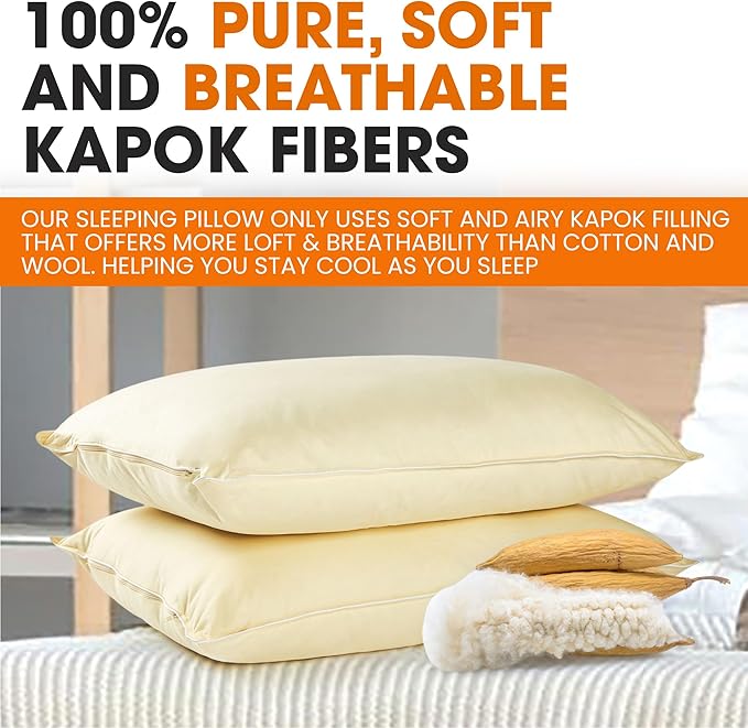 Cheer Collection Set of 2 Organic Kapok Bed Pillows, Natural Kapok Fiber Filled Sleeping Pillows with Breathable Cotton Shell, Standard Size, 20 x 28 inches
