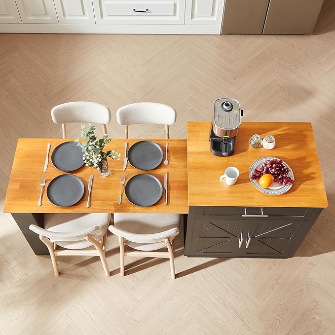 76" Kitchen Islands with Extendable Dining Table, 2-6 Island Table for Kitchen, Mobile Kitchen Table with Double-Side Storage, Kitchen Island on Wheels with Power Outlet & Spice Rack, Black