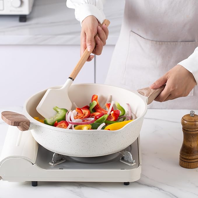 Country Kitchen Pots and Pans Set Nonstick, Cast Aluminum Kitchen Cookware Set with Utensils, 14 Pcs Non Stick Cooking Set w/Frying Pans & Saucepans, Cream