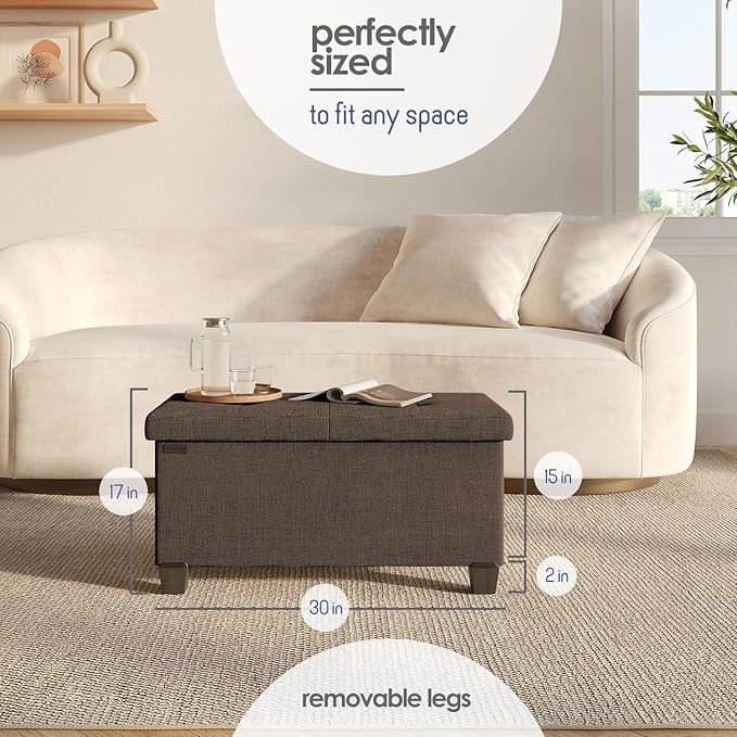 STORAGEBUD Storage Ottoman Bench with Bins, 30-in Storage Bench for Bedroom End of Bed, Folding Foot Rest Ottoman for Living Room Max 660lbs, Fabric Ottomans, Brown