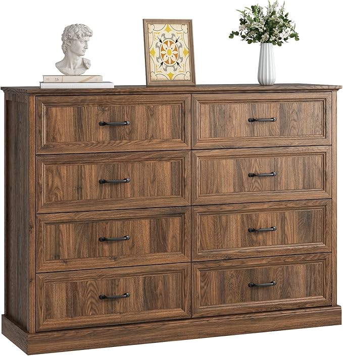 Farmhouse 8 Drawer Dresser for Bedroom, 55 Inch Wide Modern Walnut Dresser TV Stand with Large Drawers & Bar Handles, Rustic Wood Chest of Drawers for Bedroom, Living Room, Hallway, Entryway.