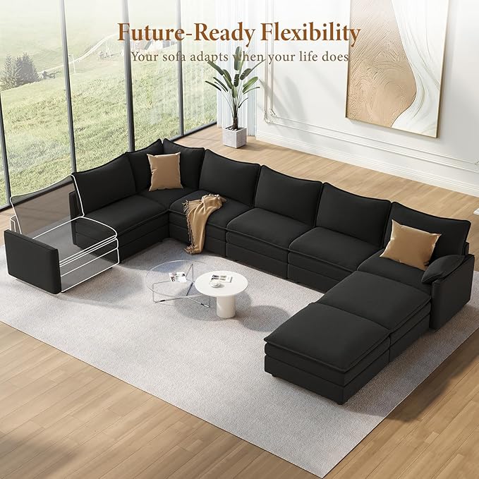 Vesgantti Large Modular Sectional Sofa, Big Comfy Cloud Couch with Ottoman Deep Seat Chenille Cloud Sofa, 8 Seater Large Sectional Couches for Living Room, Bedroom and Apartment, Black