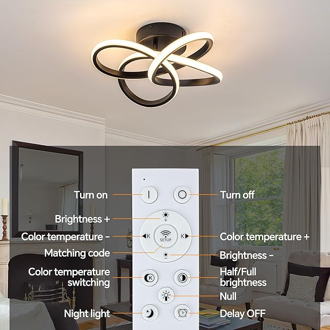 Modern Ceiling Light, 36W LED Dimmable Ceiling Light with Remote Control, 3000-6000K Color Temperature Changing, Balck Small Chandelier for Bedroom, Entryway, Hallway, Kitchen