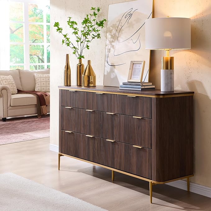 T4TREAM Fluted 7 Drawers Dresser for Bedroom, 54" Wide Modern Dresser TV Stand, Gold Accents, Fluted Fronts, Wood Storage Dressers Organizer for Bedroom, Living Room, Dark Walnut