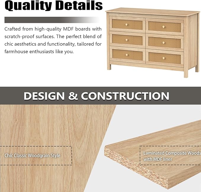 Farmhouse 6 Drawers Dresser, Wood Double Dresser Chest of Drawers Wide Storage Organizer Cabinet for Bedroom, Living Room, Natural