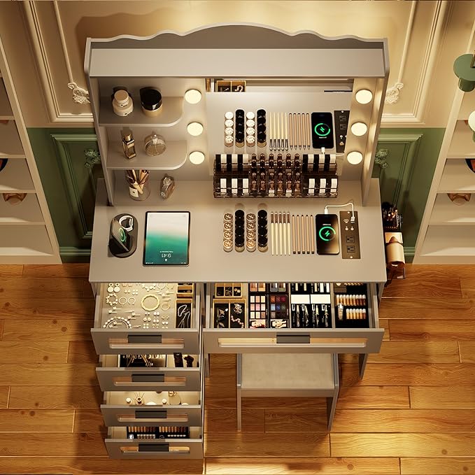 HWB Makeup Vanity Desk with Mirror and Lights,Vanity Table with 5 Drawers&2 Shelves,Vanity Set for Bedroom,Dressing Table with 10 Light Bulbs and USB Port&Human Sensor Design,Grey