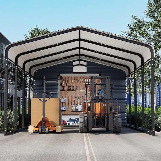 EROMMY 12x25 FT Carport Storage Shed 2-in-1, Heavy Duty Car Port with Galvanized Metal Frame, Base-Reinforced Enclosed Storage Shelter, Extended Coverage for Trucks, Cars & All Vehicles, Gray