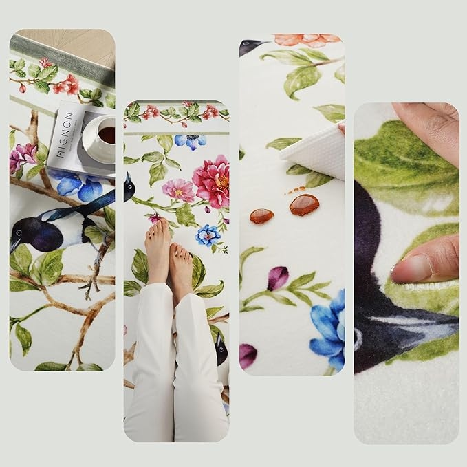 Runner Rug for Kitchen 2'6"x8' Washable Rugs with Rubber Backing Soft Floral Bird Magpies Floral Animal Carpet Runner for Kitchen, Laundry, Bedroom, Bathroom (White)