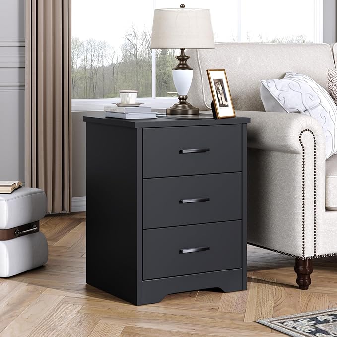 LIDYUK Dresser for Bedroom, Wood Dresser with 3 Drawers, Modern Minimalist Dressers & Chest of Drawers, 21 Inches Tall Side Table Nightstand with Charging Station, for Bedroom, Living Room, Black